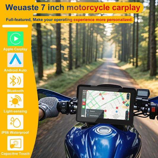 Weuaste MT700 Wireless Motorcycle CarPlay/Android Auto, 7" IP67 Waterproof GPS Navigation Touchscreen, Anti-Theft Design Quick-Release Magnetic Mount, Music Sharing, Light Sensor, Siri/Google Assistant