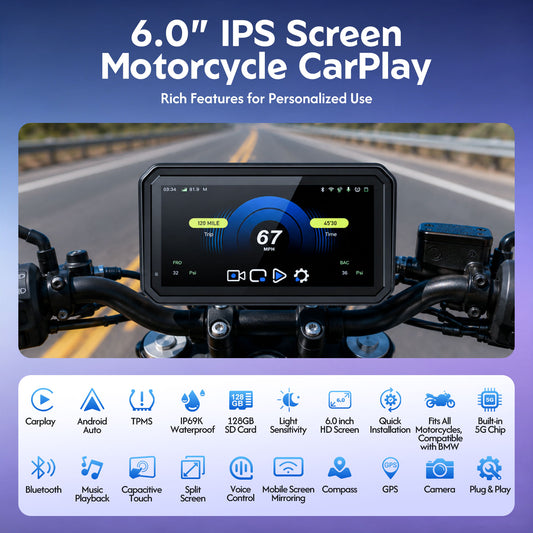 2026 Weuaste 6" Motorcycle CarPlay QLED Touchscreen (Includes 128G SD), with TPMS, Wireless Android Auto, 2K Dual Dash Cam, GPS Navigation, BT, Quick-Release, Anti-Glare/Waterproof Screen, Vioce Control