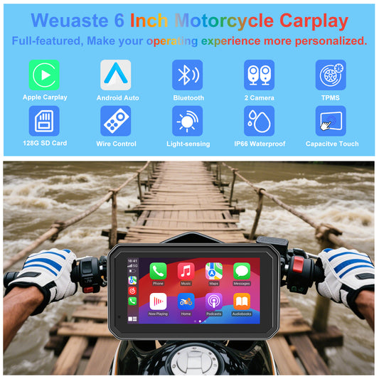 Weuaste MT600 Pro Motorcycle Dash Cam, Quick-Release Magnetic Mount, Motorcycle Carplay & Android Auto GPS Navigation for Motorbike, Dual HD 1080P Camera, TPMS, 6" IP67 Waterproof Touchscreen, Siri