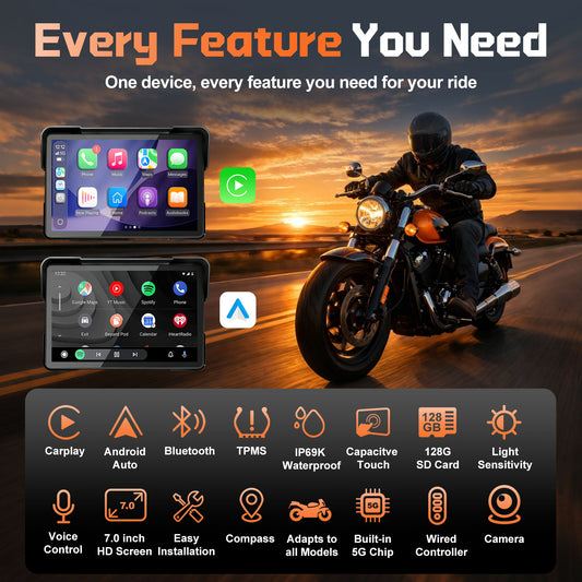 2026 Weuaste 7" Wireless GPS Motorcycle CarPlay(Includes 128G SD) with Android Auto Navigation, Dual 2K Dash Cam, HD Waterproof Screen, TPMS, Remote Control, BT, Quick Release Anti-Theft Design Mount