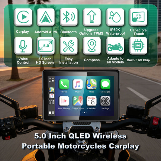 2026 WEUASTE GPS Carplay 5 inch for Motorcycle with Wireless CarPlay & Android Auto, IP69K Waterproof Touch Screen, GPS Navigation, Supports Bluetooth, Siri/Google Voice Control, Custom Boot Logo, Bracket