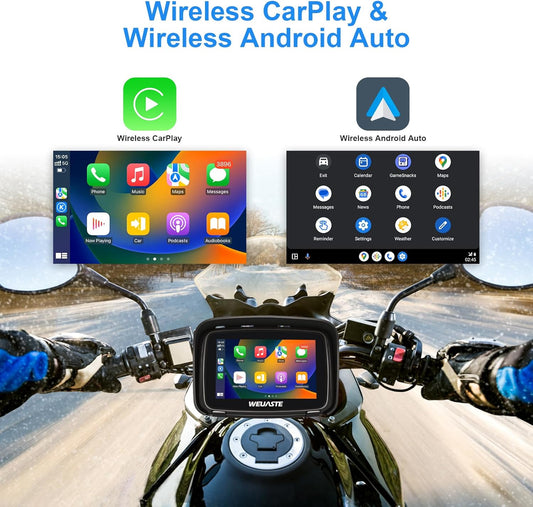 WEUASTE Portable Apple Carplay Screen for Motorcycle, Wireless Apple Car Play & Android Auto GPS for Motorbike, 5" IPS Touch Screen, IPX7 Waterproof, Dual Bluetooth, Support Siri and Google Assistant