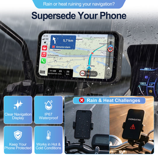 WEUASTE Motorcycle Dash Cam, Motorcycle Carplay/Android Auto, Motorbike TPMS GPS Navigation System, 6.25" IP67 Waterproof Touchscreen, Remote Control, Loop Recording, Support Siri, Free 128G SD Card