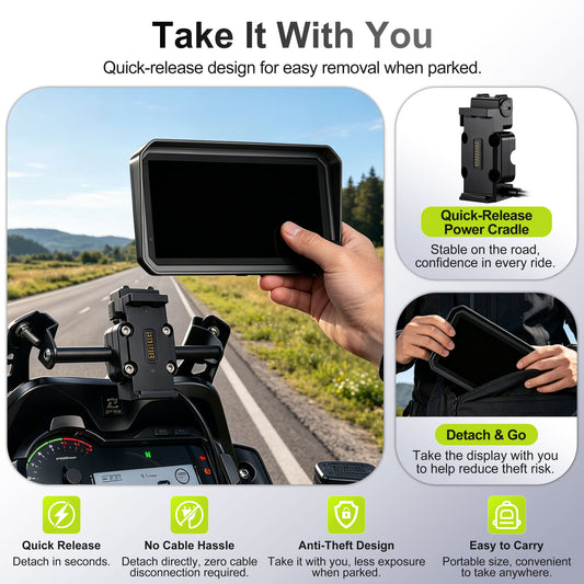 Weuaste 6" Motorcycle CarPlay Screen & Android Auto, TPMS, Quick Release Mount, IP69K Waterproof, Navigation Display, Auto Brightness, ACC Power, Anti-Theft Detachable Design and Multi-Mount Installation