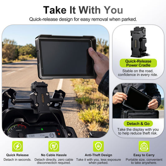 Weuaste 7" Motorcycle CarPlay Screen & Android Auto, TPMS, Quick Release Mount, IP69K Waterproof, Navigation Display, Auto Brightness, ACC Power, Anti-Theft Detachable Design and Multi-Mount Installation