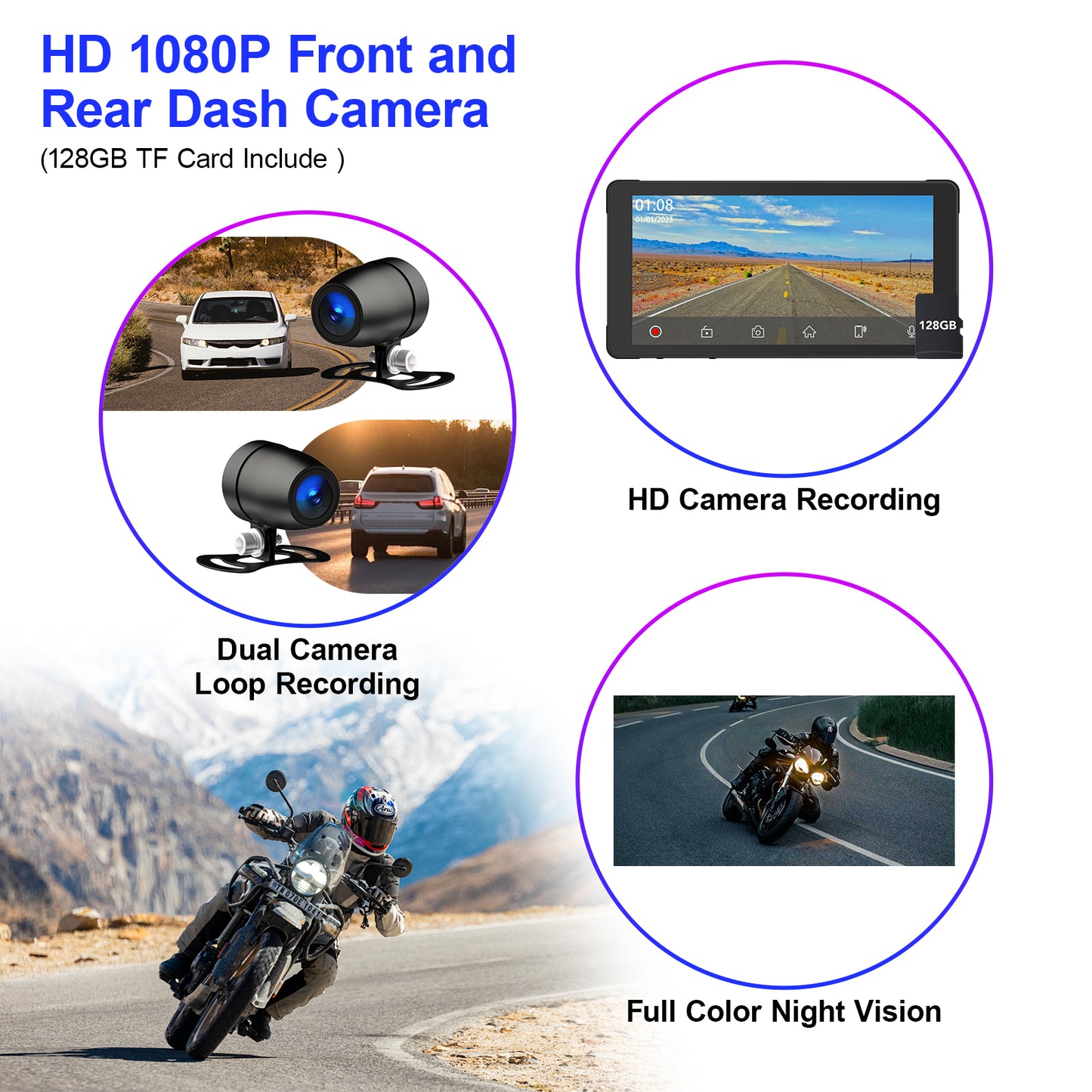 WEUASTE Motorcycle Dash Cam: Wireless Motorcycle Carplay, Android Auto, Motorbike TPMS, 5.5 inch Waterproof Touchscreen, Dual HD 1080P Cameras, Support Bluetooth/Siri/Google Assistant, SD-128GB