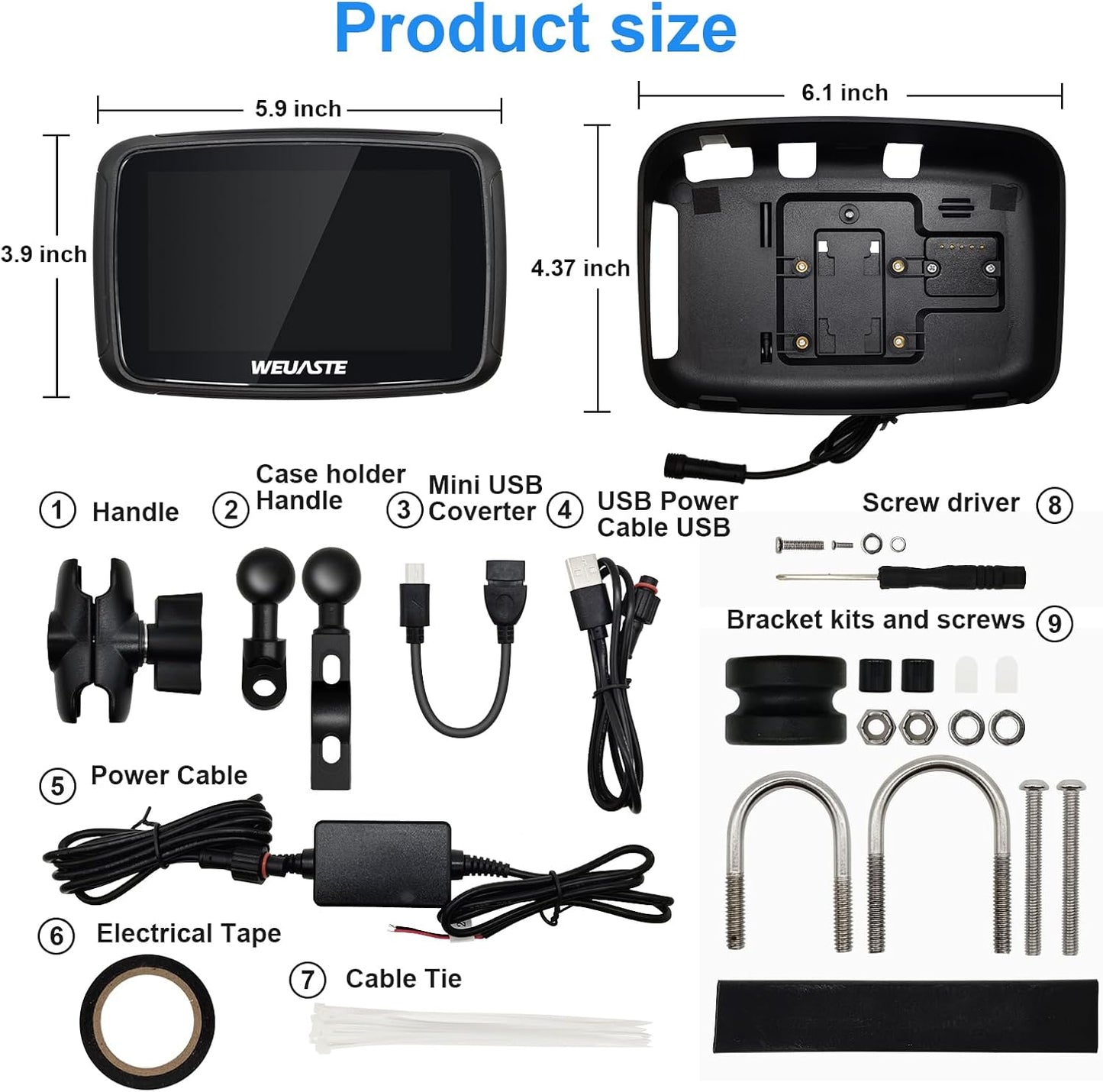WEUASTE Portable Apple Carplay Screen for Motorcycle, Wireless Apple Car Play & Android Auto GPS for Motorbike, 5" IPS Touch Screen, IPX7 Waterproof, Dual Bluetooth, Support Siri and Google Assistant