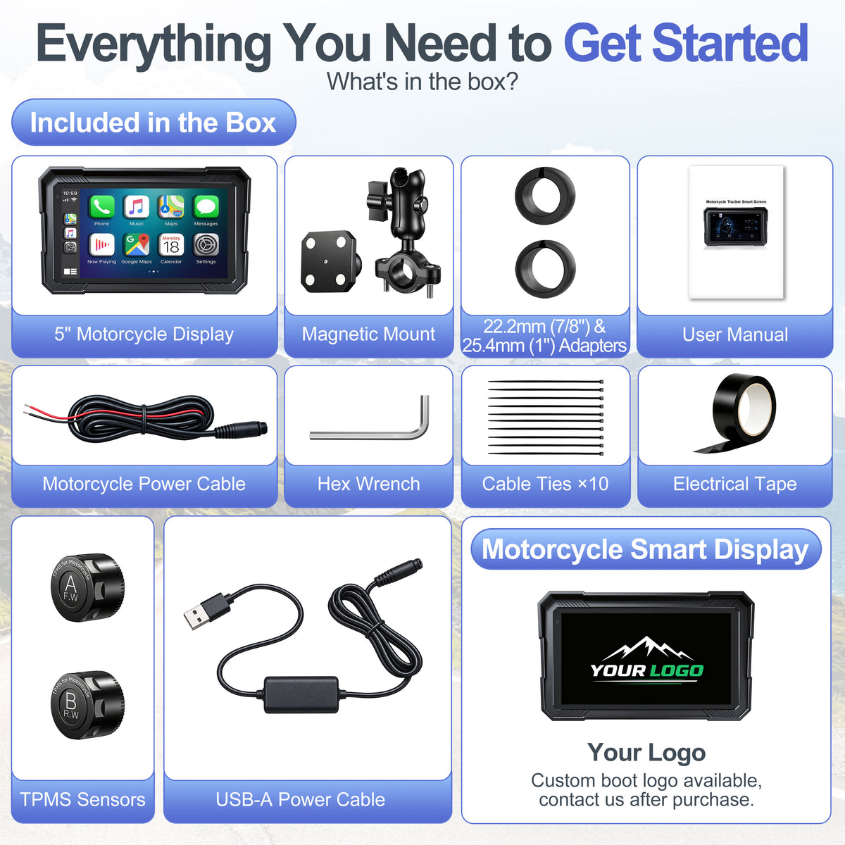Weuaste 5" Motorcycle CarPlay Screen & Android Auto, Find My, TPMS, USB Power, Magnetic Mount, 1000-Nit Touchscreen, IP69K Waterproof, Smartphone GPS Navigation, Helmet Headset Support, Voice Control