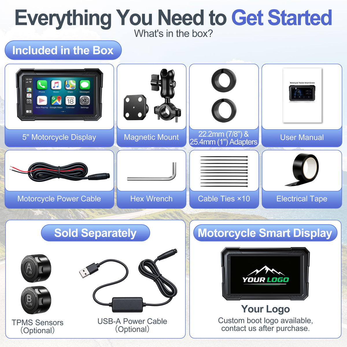 Weuaste 5" Motorcycle CarPlay Screen & Android Auto, Find My, Magnetic Mount, 1000-Nit Touchscreen, IP69K Waterproof, Smartphone GPS Navigation, Helmet Headset Support, Voice Control, Custom Boot Logo