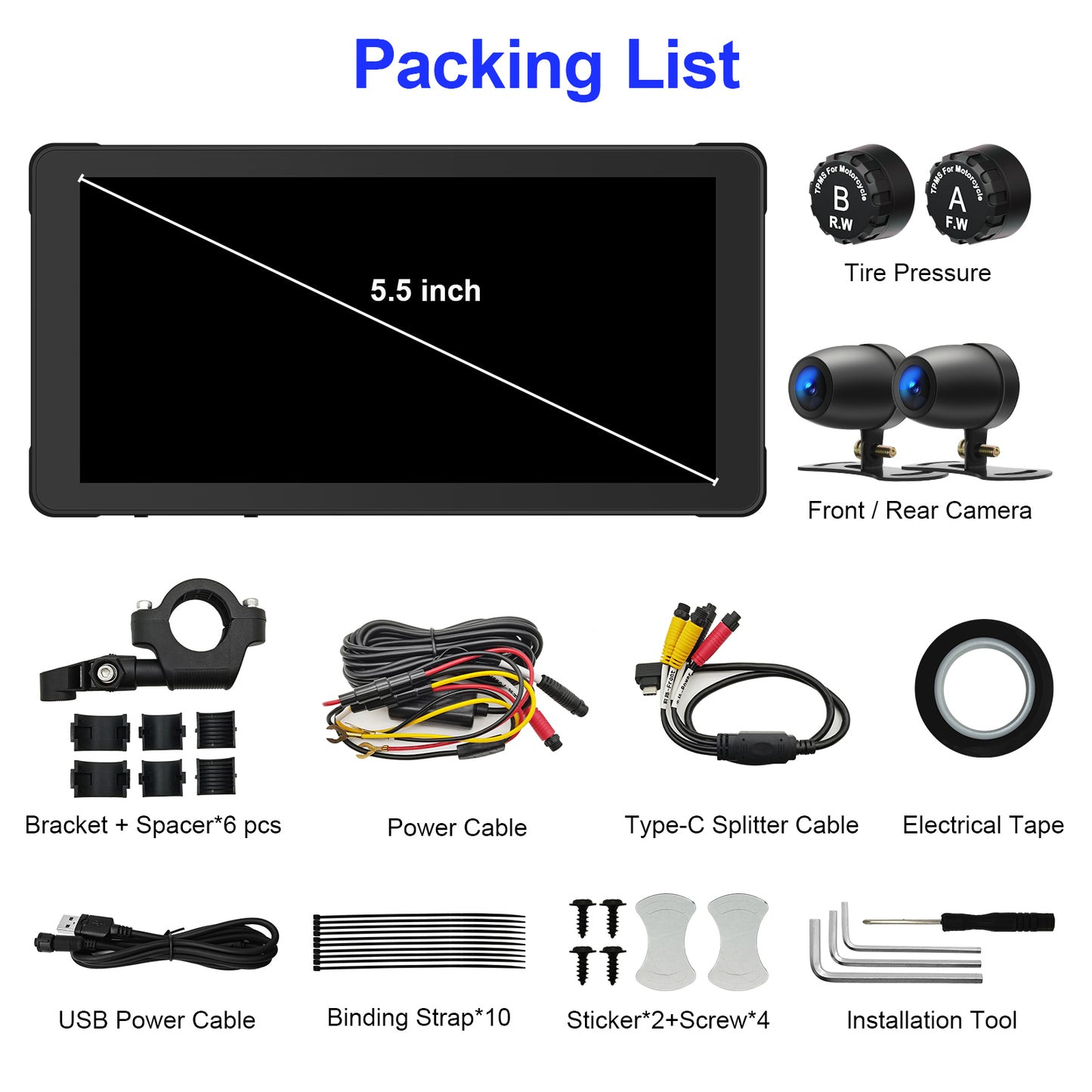 WEUASTE Motorcycle Dash Cam: Wireless Motorcycle Carplay, Android Auto, Motorbike TPMS, 5.5 inch Waterproof Touchscreen, Dual HD 1080P Cameras, Support Bluetooth/Siri/Google Assistant, SD-128GB