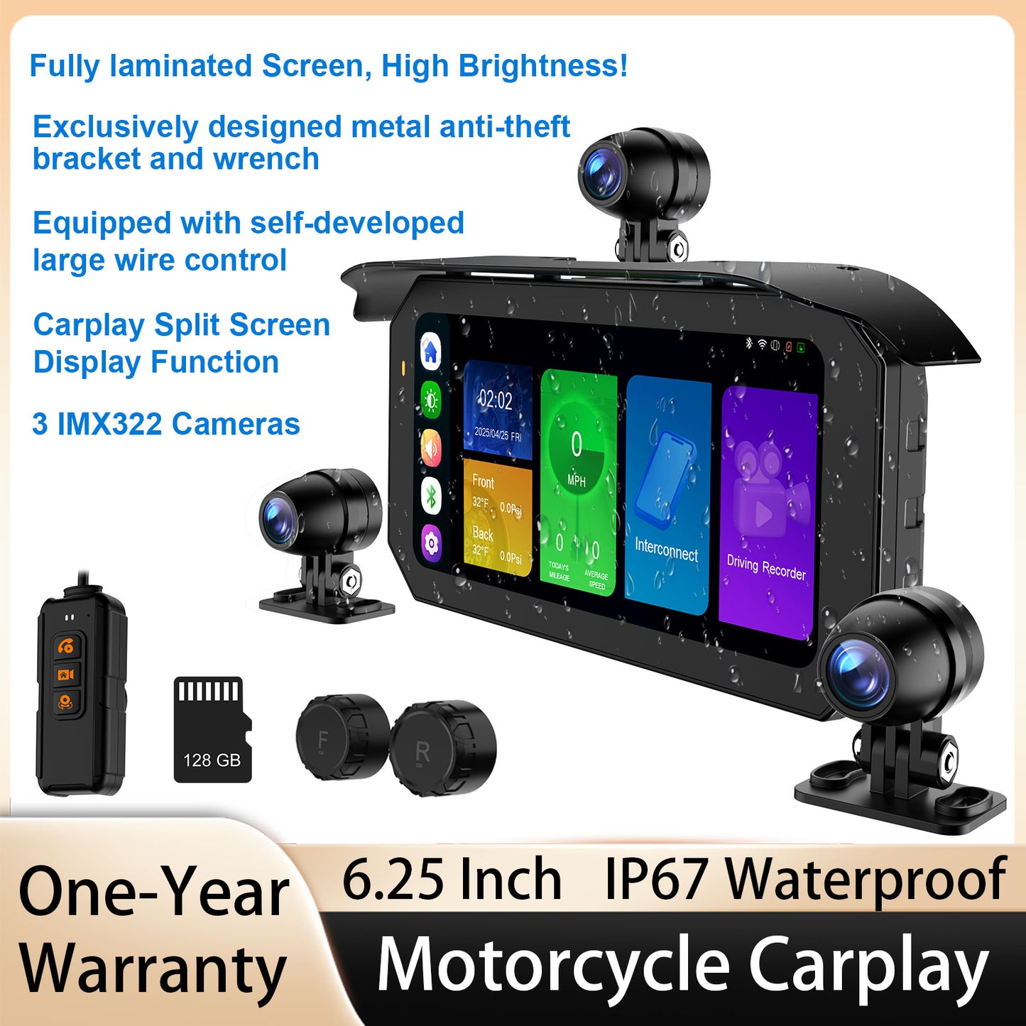 Weuaste MT92C 6.25" Motorcycle Carplay Screen, HD 1080P Dual Dash Cam + First-Person Camera, Moto TPMS, Wireless Car Play/Android Auto/HiCar, Loop Recording, Controller, Metal Anti-Theft Bracket