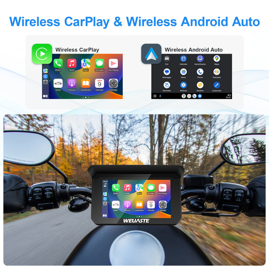 WEUASTE 5" IPS Touch Screen Portable Apple Carplay Screen for Motorcycle, Wireless Apple Car Play & Wireless Android Auto GPS Navigation for Motorcycle/Motorbike, Bluetooth, Waterproof, Support Siri