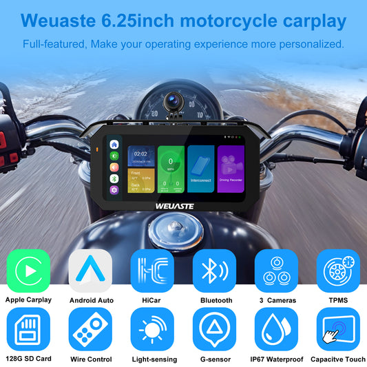 Weuaste MT92C 6.25" Motorcycle Carplay Screen, HD 1080P Dual Dash Cam + First-Person Camera, Moto TPMS, Wireless Car Play/Android Auto/HiCar, Loop Recording, Controller, Metal Anti-Theft Bracket