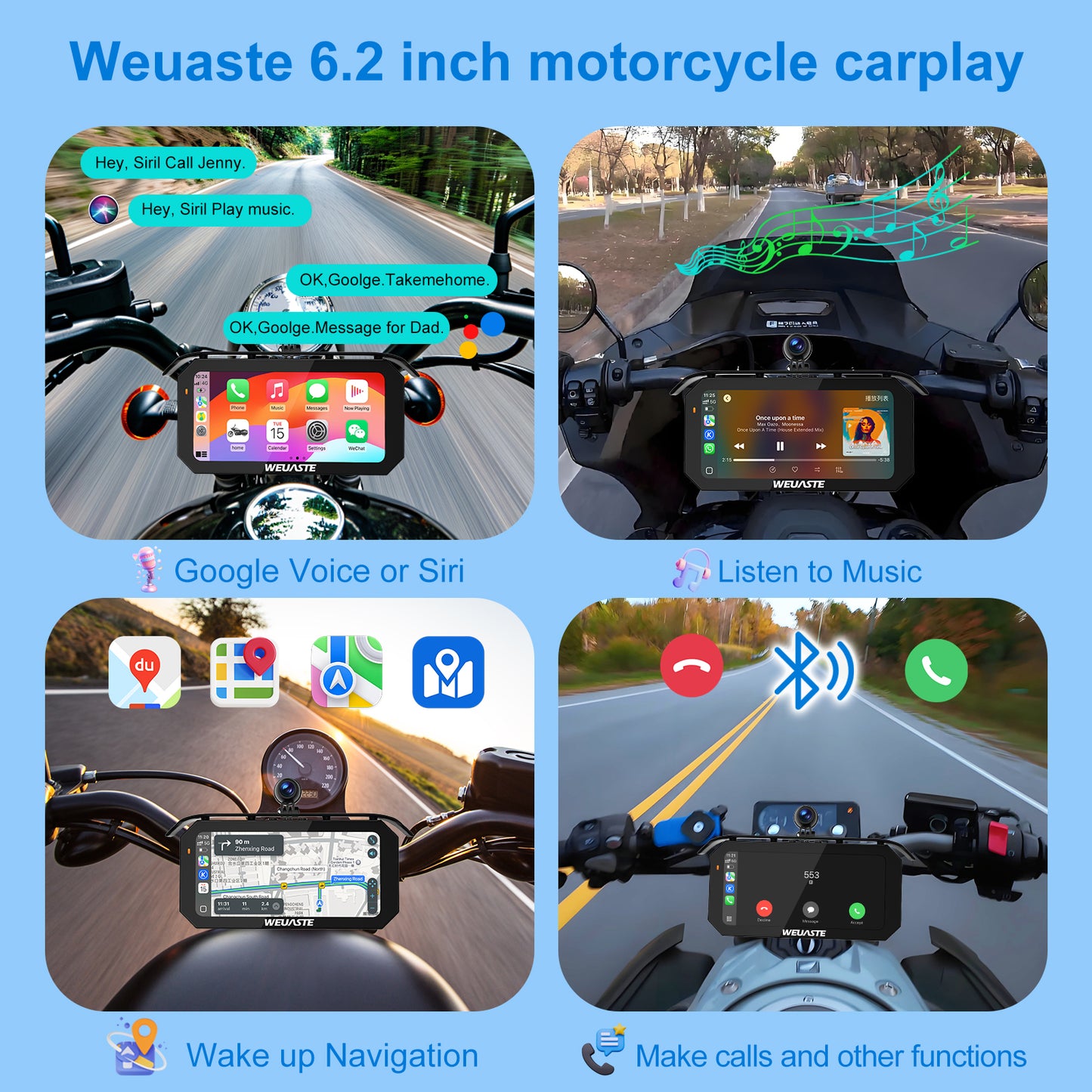 Weuaste MT92C 6.25" Motorcycle Carplay Screen, HD 1080P Dual Dash Cam + First-Person Camera, Moto TPMS, Wireless Car Play/Android Auto/HiCar, Loop Recording, Controller, Metal Anti-Theft Bracket