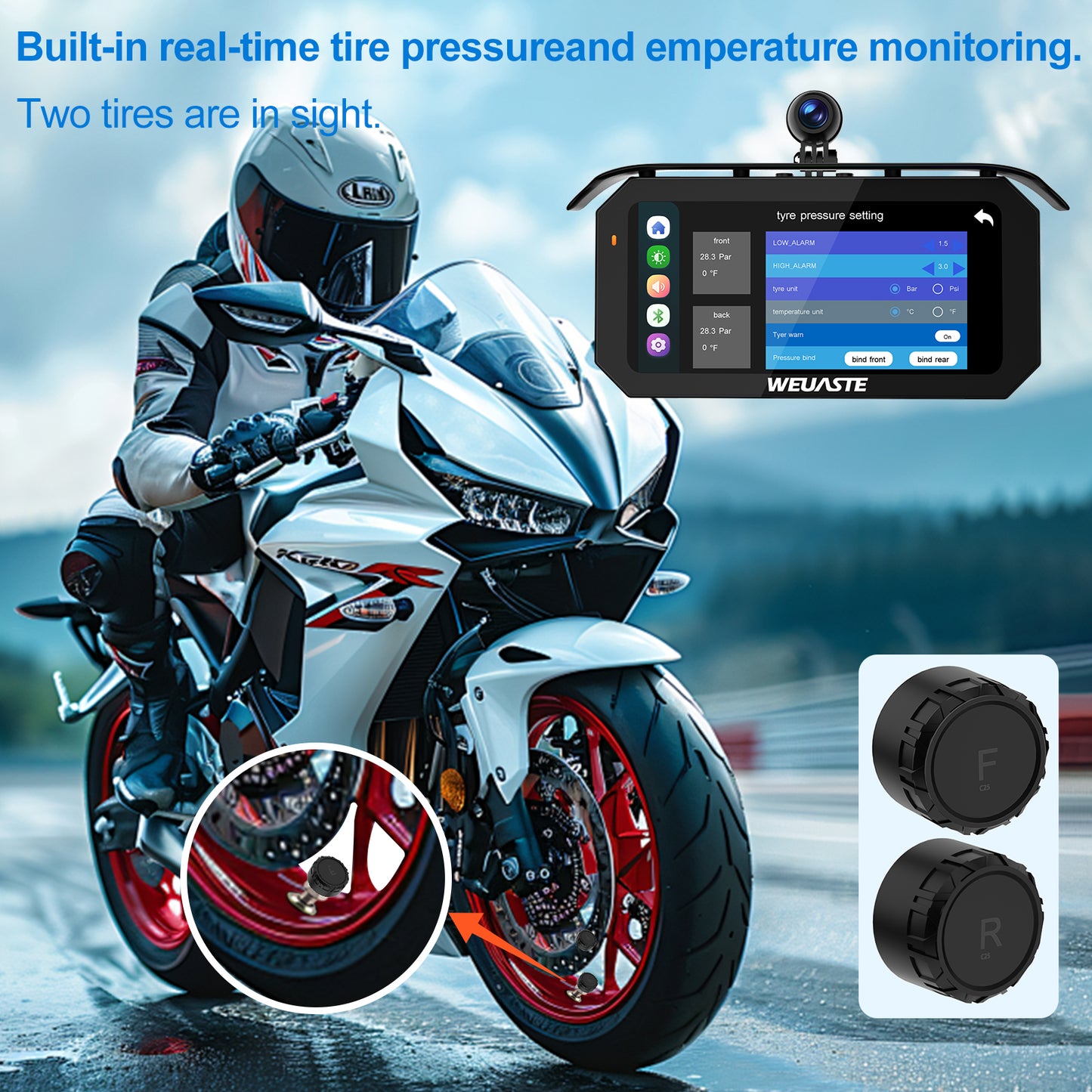 Weuaste MT92C 6.25" Motorcycle Carplay Screen, HD 1080P Dual Dash Cam + First-Person Camera, Moto TPMS, Wireless Car Play/Android Auto/HiCar, Loop Recording, Controller, Metal Anti-Theft Bracket