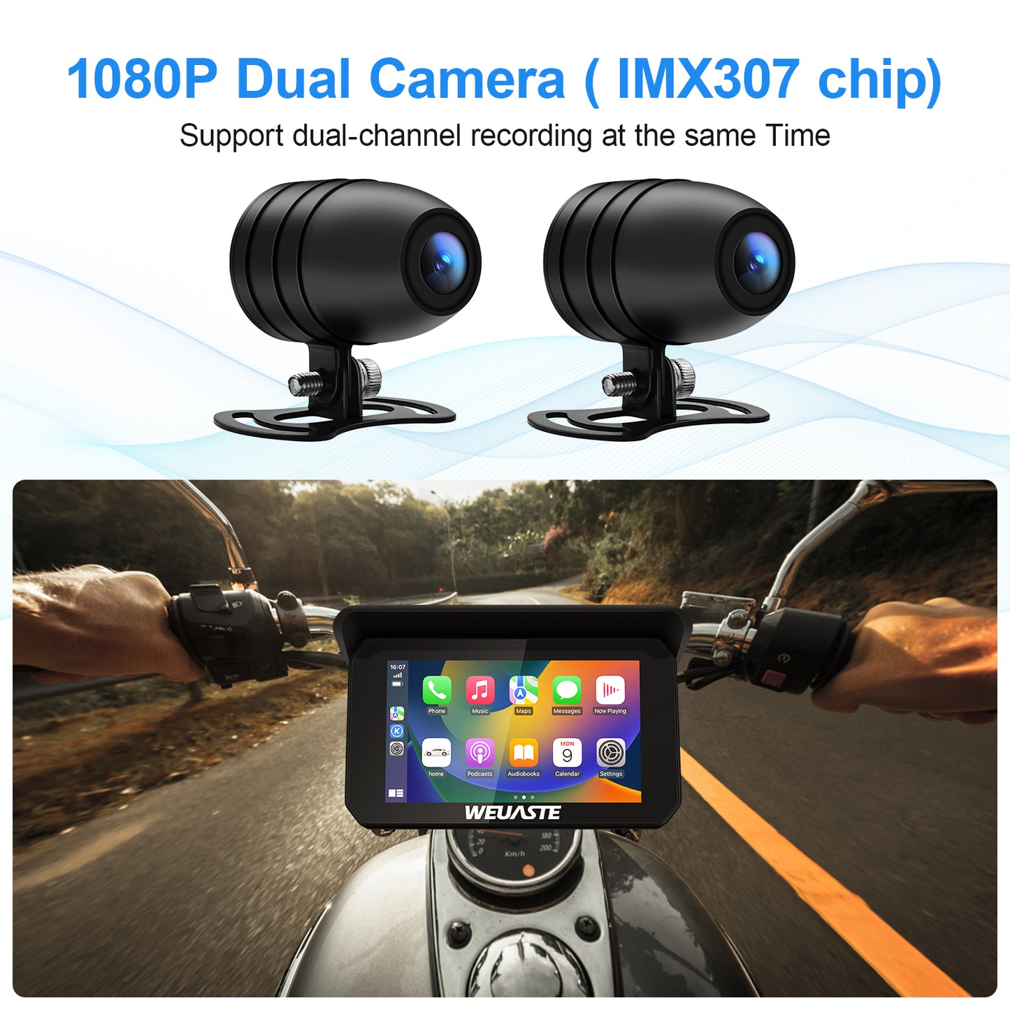 WEUASTE Portable Wireless Apple Carplay for Motorcycle, 1080P Dual Motorcycle Camera (IMX307 chip), Motorbike Dash Cam, Motorbike TPMS, 5" IPS Waterproof Touch Screen, 128 GB TF Card, Support Siri
