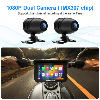 WEUASTE Portable Wireless Apple Carplay for Motorcycle, 1080P Dual Motorcycle Camera (IMX307 chip), Motorbike Dash Cam, Motorbike TPMS, 5" IPS Waterproof Touch Screen, 128 GB TF Card, Support Siri