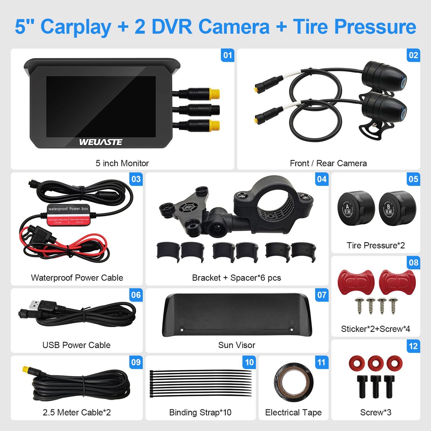 WEUASTE Portable Wireless Apple Carplay for Motorcycle, 1080P Dual Motorcycle Camera (IMX307 chip), Motorbike Dash Cam, Motorbike TPMS, 5" IPS Waterproof Touch Screen, 128 GB TF Card, Support Siri