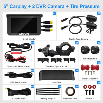 WEUASTE Portable Wireless Apple Carplay for Motorcycle, 1080P Dual Motorcycle Camera (IMX307 chip), Motorbike Dash Cam, Motorbike TPMS, 5" IPS Waterproof Touch Screen, 128 GB TF Card, Support Siri