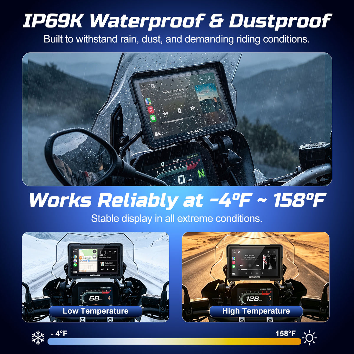 Weuaste Motorcycle CarPlay for BMW, Android Auto GPS, Wonder Wheel Control, 7" IP69K Waterproof Navigation for BMW Motorcycle Touchscreen, Native Data Reading, TPMS, 1000-Nit Light Sensor, Plug & Play