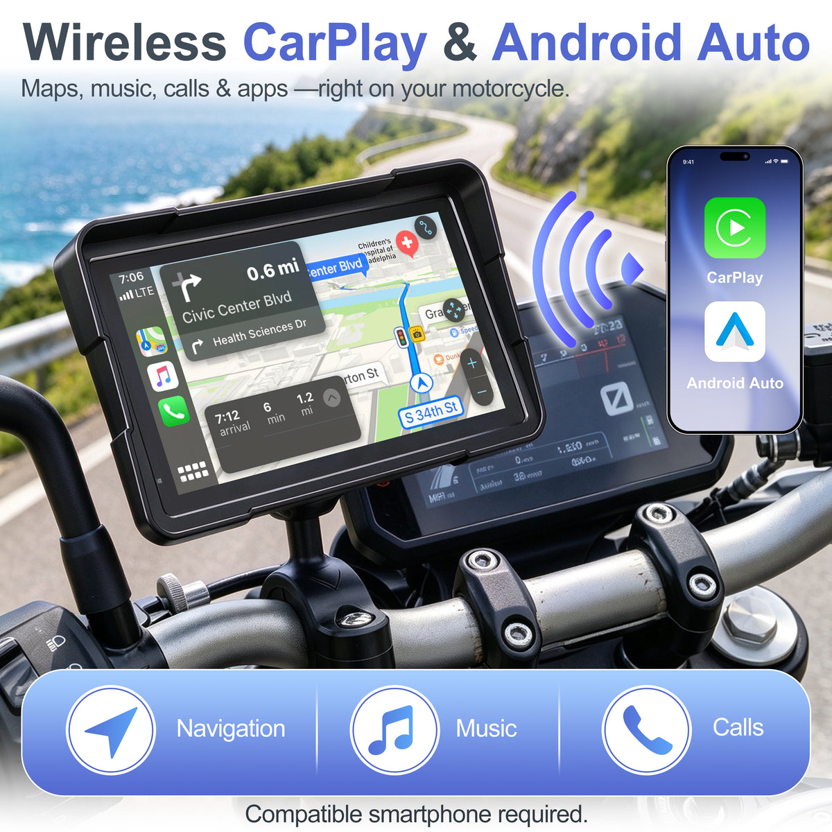 Weuaste YZW 7" Motorcycle CarPlay Screen & Android Auto, Find My, TPMS, USB Power, Magnetic Mount, 1000-Nit Touchscreen, IP69K Waterproof, Smartphone GPS Navigation, Helmet Headset Support, Voice Control