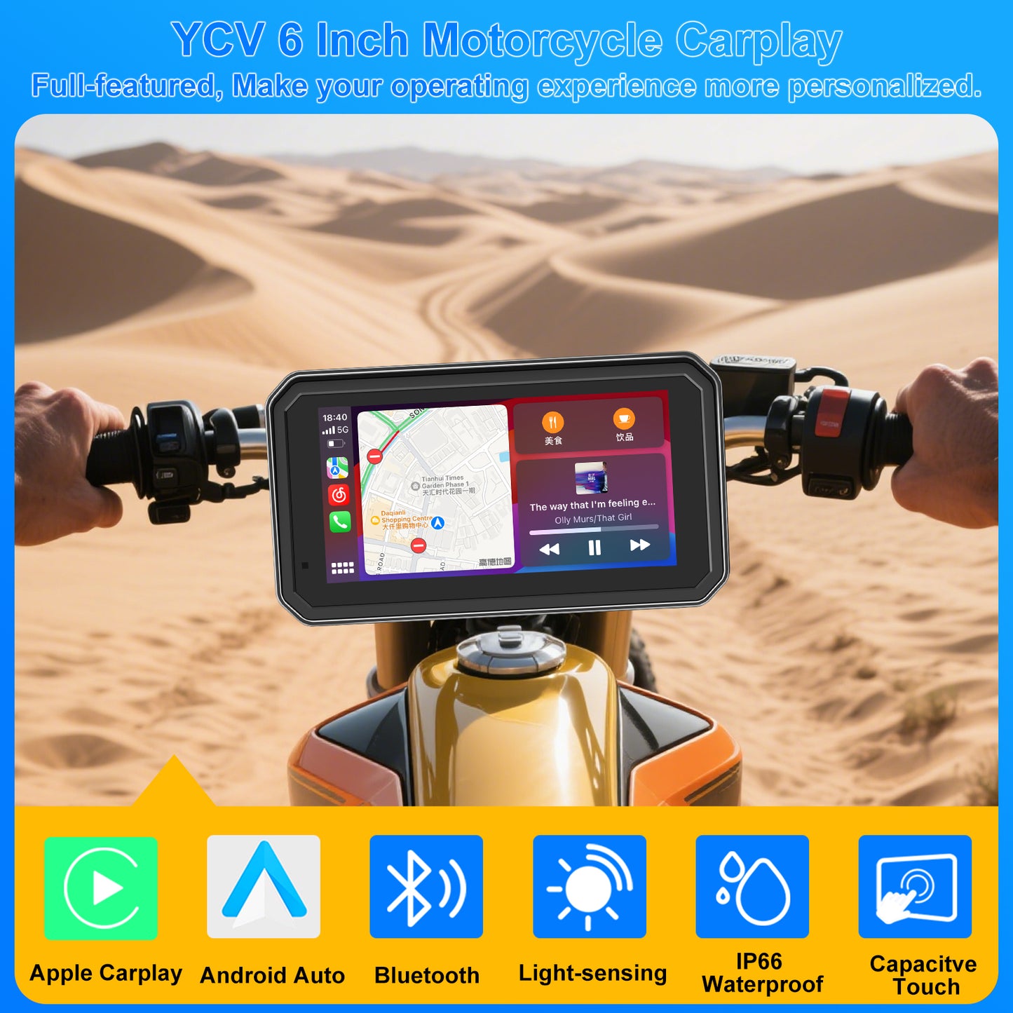 WEUASTE MT600 Portable Wireless Motorcycle Apple Carplay & Android Auto, 6" Waterproof GPS Navigation Screen for Motorbike, Music Sharing, Light Sensor, BT, Anti-Theft Design Quick-Release Magnetic Mount