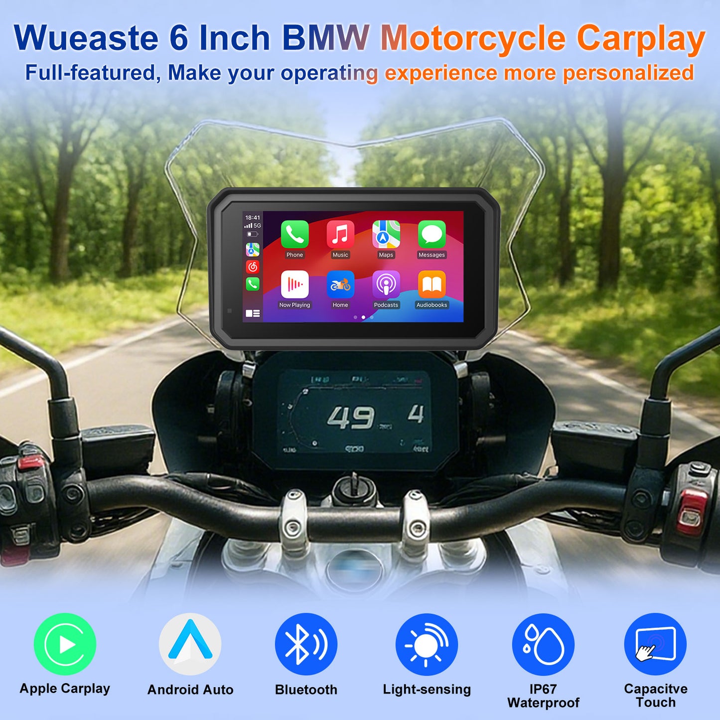 Motorcycle Carplay Screen for BMW R1200GS/R1200GSADV /R1250GS/R1250GSADV Motorcycle, 6 inch Waterproof Touchscreen, Portable Carplay/Android Auto GPS Navigation for Motorbike, Dual Bluetooth
