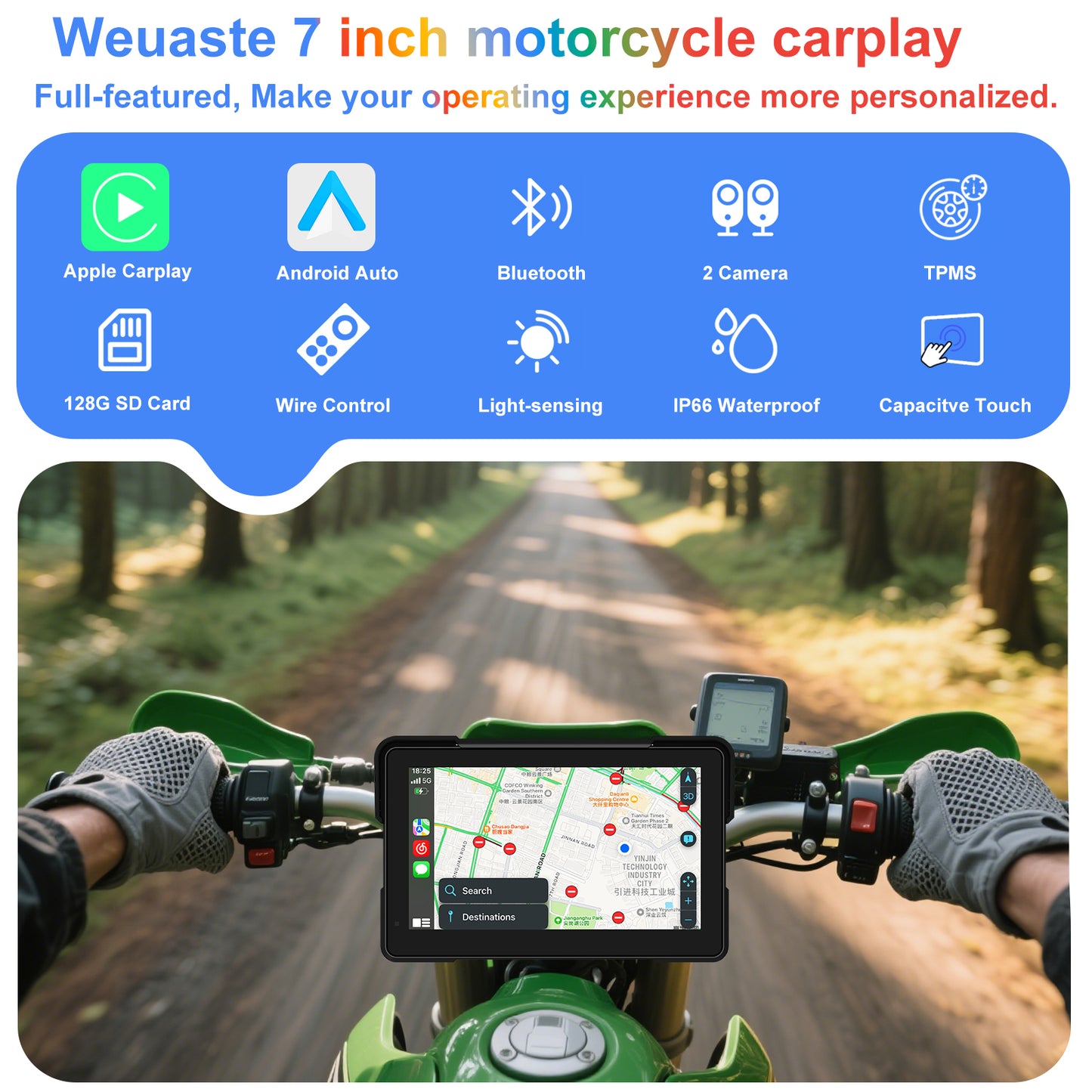 Weuaste MT700 Pro Portable Wireless Motorcycle Carplay & Android Auto Screen, Motorcycle Dash Cam/Camera, Motorbike TPMS, 7" Moto Carplay GPS Waterproof Touch Screen, Quick-Release Magnetic Mount