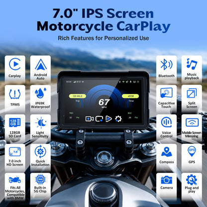 2026 Weuaste 7" Wireless Motorcycle CarPlay (Includes 128G SD) with TPMS, Android Auto, GPS Navigation, Dual 2K Dash Cam, IP69K Waterproof Touchscreen, BT, Quick Release, Anti-Glare Screen, Vioce Control