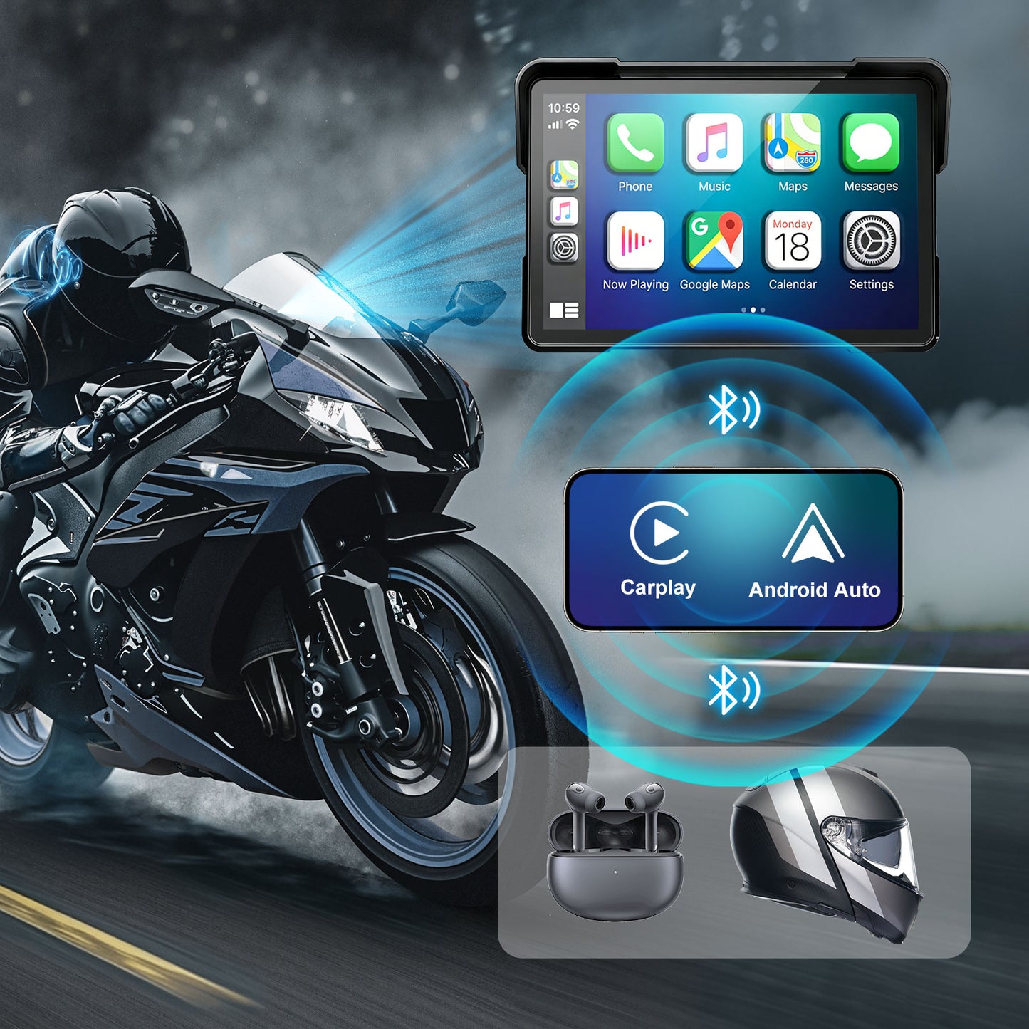 Weuaste Portable 7 inch Wireless Motorcycle Carplay GPS Screen with Android Auto, Navigation System Quick Release, Anti-thef, Bluetooth, Siri, Google Asistant, Light Sensor, Music Sharing,Vioce Control