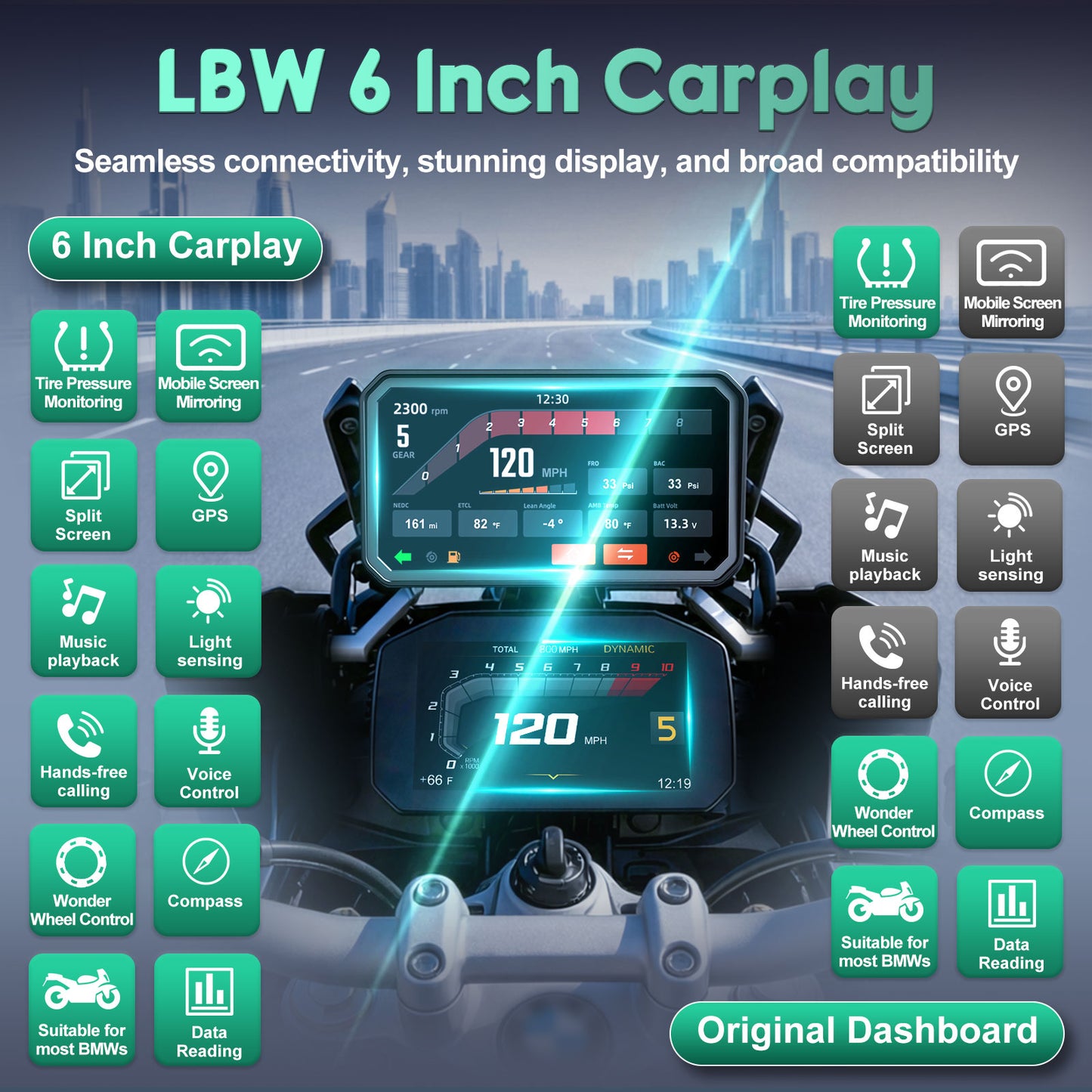 WEUASTE 6" Motorcycle CarPlay GPS Navigation Fit for BMW with Wonder Wheel, Wireless Bluetooth, 1000 Nits Waterproof HD Touch Screen, Plug&Play, Support Voice Control, TPMS/Light Sensor/Siri, Android Auto