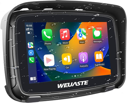 WEUASTE Portable Apple Carplay Screen for Motorcycle, Wireless Apple Car Play & Android Auto GPS for Motorbike, 5" IPS Touch Screen, IPX7 Waterproof, Dual Bluetooth, Support Siri and Google Assistant