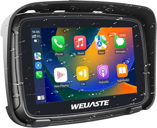 WEUASTE Portable Apple Carplay Screen for Motorcycle, Wireless Apple Car Play & Android Auto GPS for Motorbike, 5" IPS Touch Screen, IPX7 Waterproof, Dual Bluetooth, Support Siri and Google Assistant