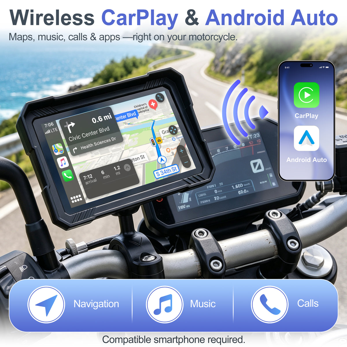 Weuaste 5" Motorcycle CarPlay Screen & Android Auto, Find My, TPMS, USB Power, Magnetic Mount, 1000-Nit Touchscreen, IP69K Waterproof, Smartphone GPS Navigation, Helmet Headset Support, Voice Control
