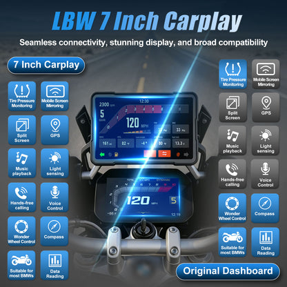 WEUASTE 7" Motorcycle CarPlay Fit for BMW, Native Wonder Wheel Control, Data Reading, Wireless Bluetooth, GPS Navigation System, 1000 Nits IP67 Waterproof Touch Screen, Plug&Play, Android Auto/Siri/TPMS