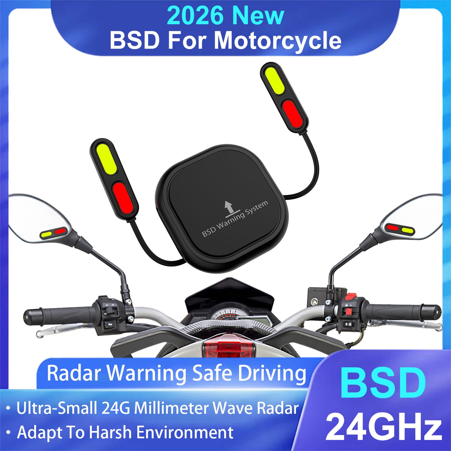 Weuaste BSD01 Motorcycle BSD Blind Spot Detection System, 24GHz Millimeter-Wave Radar, RCW Rear Collision Warning, IP67 Waterproof, All-Weather Safety Protection with LED Indicators Alert for All Moto