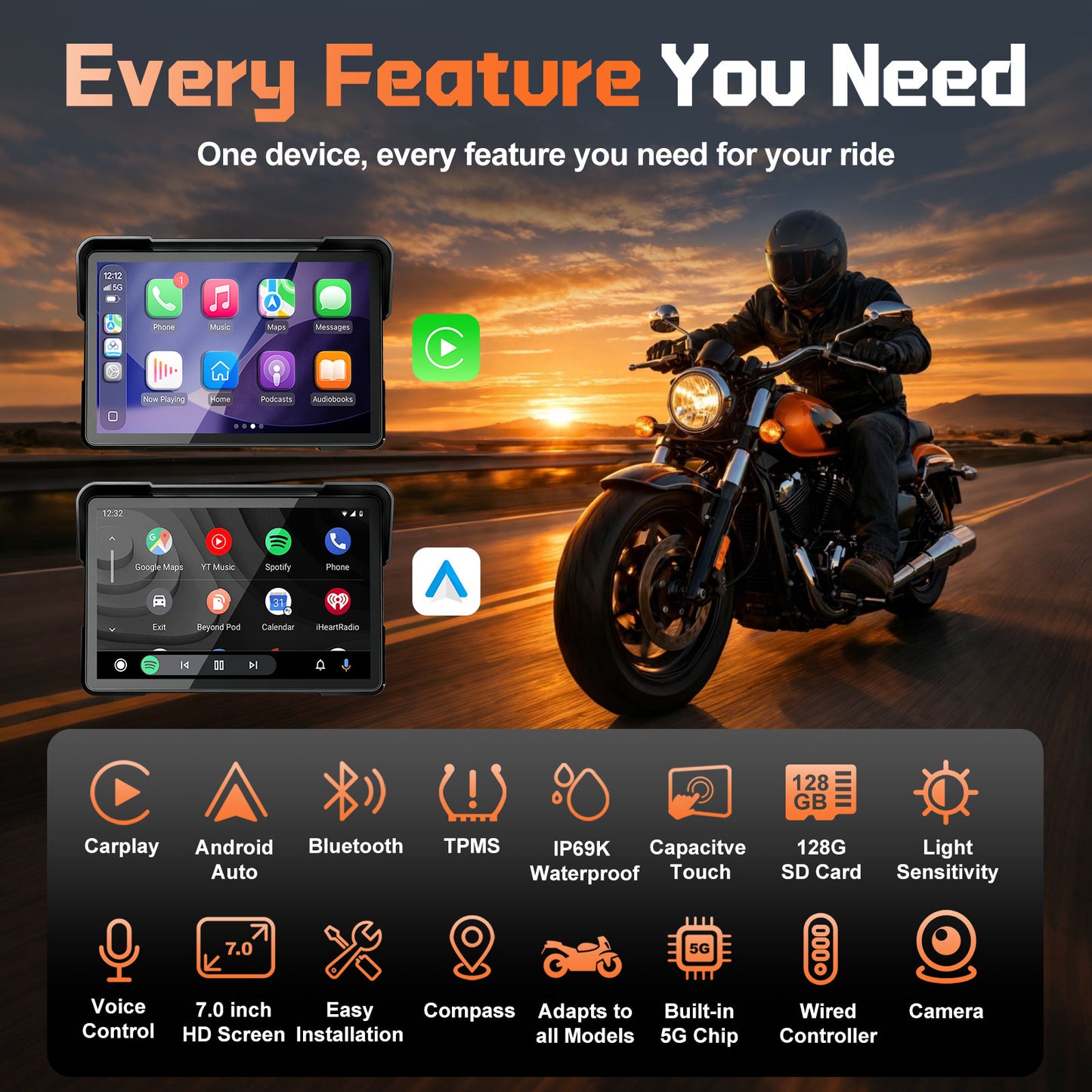 2026 Weuaste 7" Wireless GPS Motorcycle CarPlay(Includes 128G SD) with Android Auto Navigation, Dual 2K Dash Cam, HD Waterproof Screen, TPMS, Remote Control, BT, Quick Release Anti-Theft Design Mount