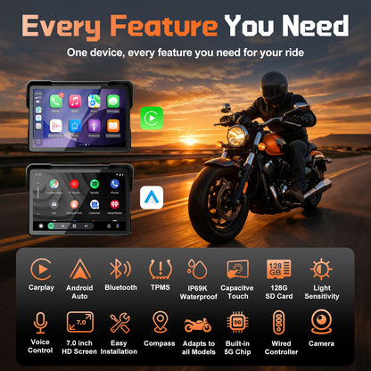 2026 Weuaste 7" Wireless GPS Motorcycle CarPlay(Includes 128G SD) with Android Auto Navigation, Dual 2K Dash Cam, HD Waterproof Screen, TPMS, Remote Control, BT, Quick Release Anti-Theft Design Mount