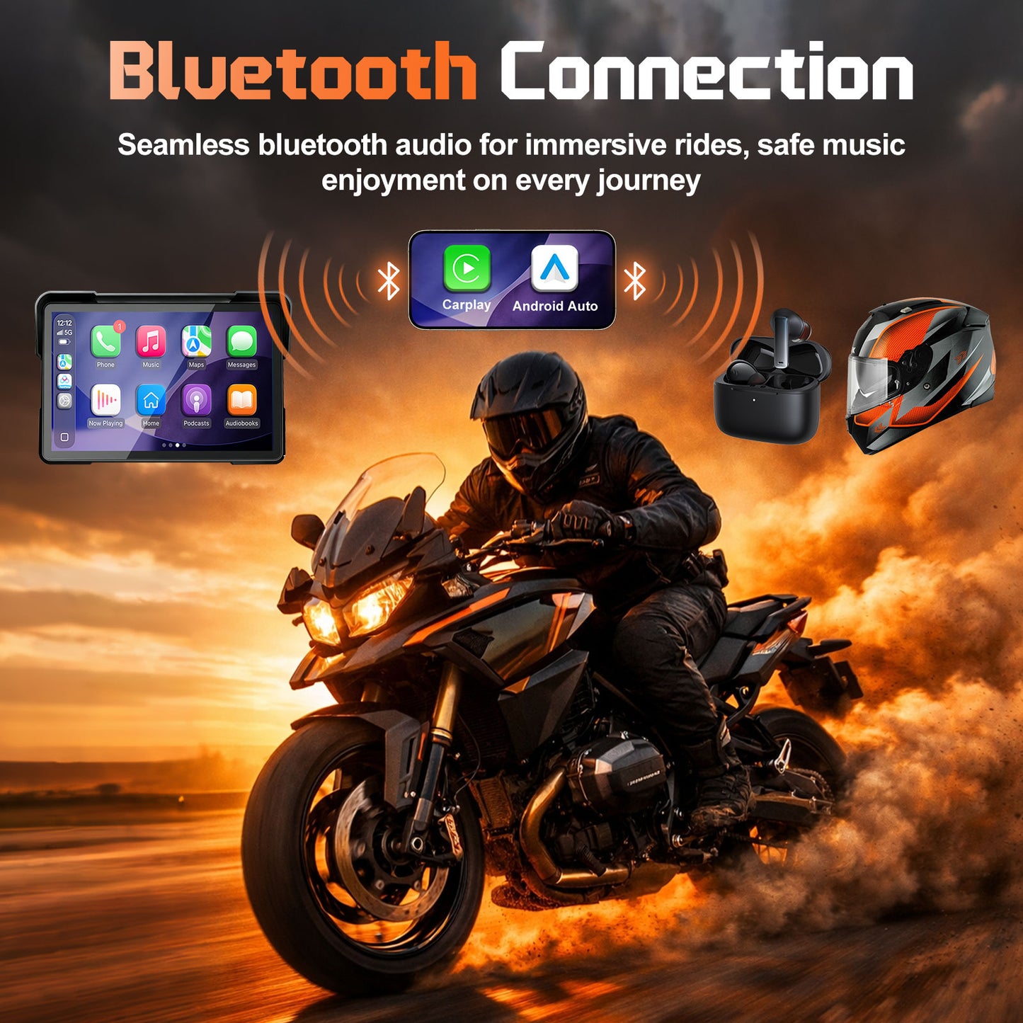 2026 Weuaste 7" Wireless GPS Motorcycle CarPlay(Includes 128G SD) with Android Auto Navigation, Dual 2K Dash Cam, HD Waterproof Screen, TPMS, Remote Control, BT, Quick Release Anti-Theft Design Mount