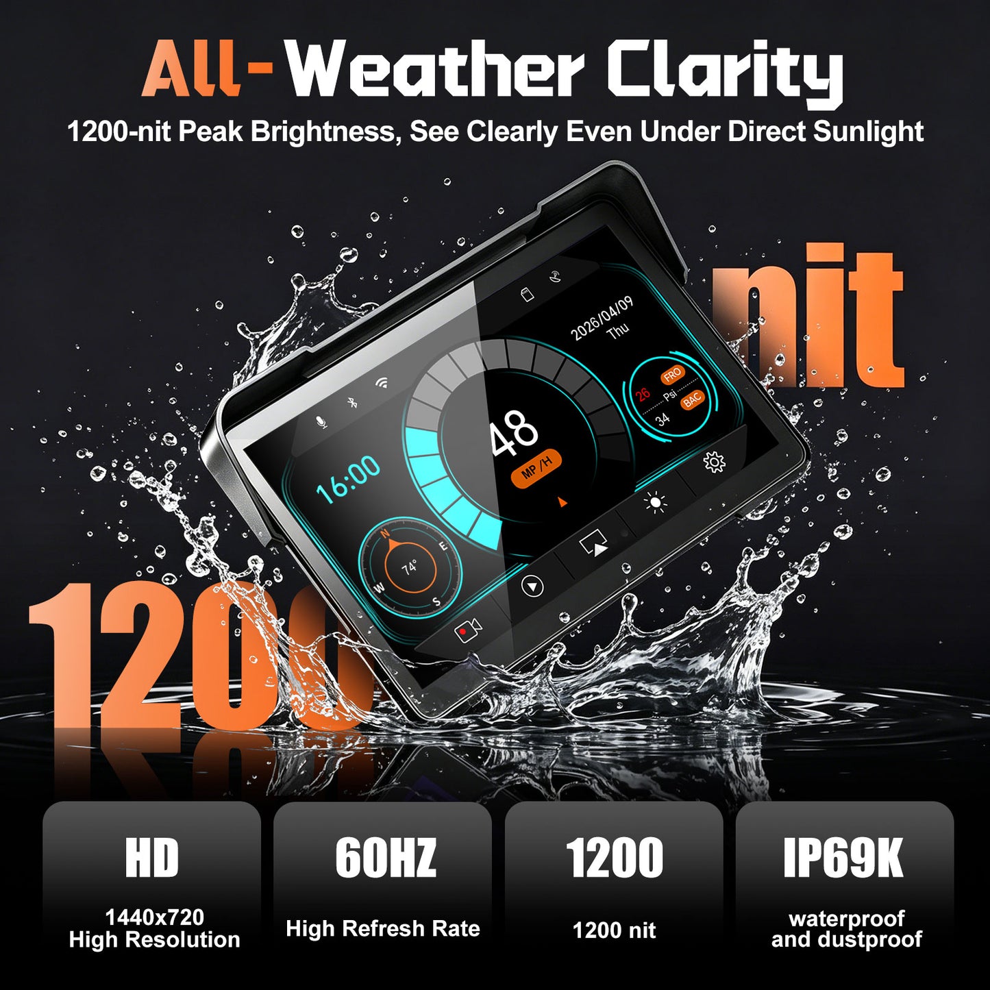 2026 Weuaste 7" Wireless GPS Motorcycle CarPlay(Includes 128G SD) with Android Auto Navigation, Dual 2K Dash Cam, HD Waterproof Screen, TPMS, Remote Control, BT, Quick Release Anti-Theft Design Mount