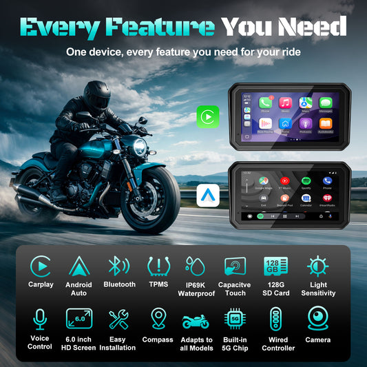2026 Weuaste 6" Portable Motorcycle CarPlay GPS(Includes 128G SD), with Wireless Android Auto, Dual 2K Dash Cam/Recorder, Navigation, HD Waterproof Touchscreen, Quick-Release Magnetic Bracket, TPMS, BT
