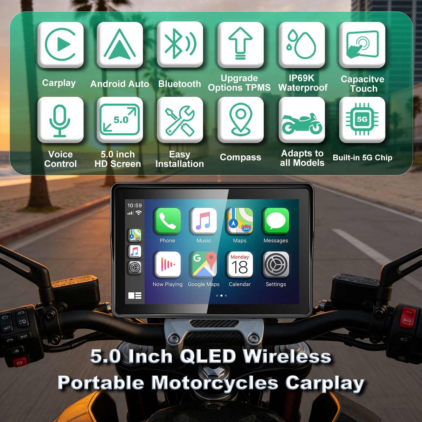 2026 WEUASTE GPS Carplay 5 inch for Motorcycle with Wireless CarPlay & Android Auto, IP69K Waterproof Touch Screen, GPS Navigation, Supports Bluetooth, Siri/Google Voice Control, Custom Boot Logo, Bracket