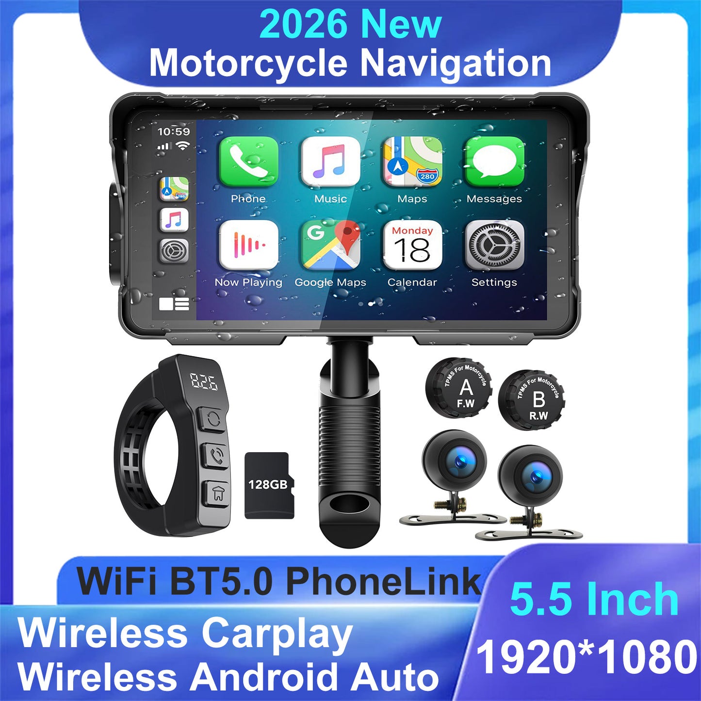 WEUASTE Motorcycle Dash Cam: Wireless Motorcycle Carplay, Android Auto, Motorbike TPMS, 5.5 inch Waterproof Touchscreen, Dual HD 1080P Cameras, Support Bluetooth/Siri/Google Assistant, SD-128GB