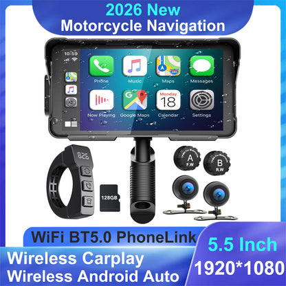 WEUASTE Motorcycle Dash Cam: Wireless Motorcycle Carplay, Android Auto, Motorbike TPMS, 5.5 inch Waterproof Touchscreen, Dual HD 1080P Cameras, Support Bluetooth/Siri/Google Assistant, SD-128GB