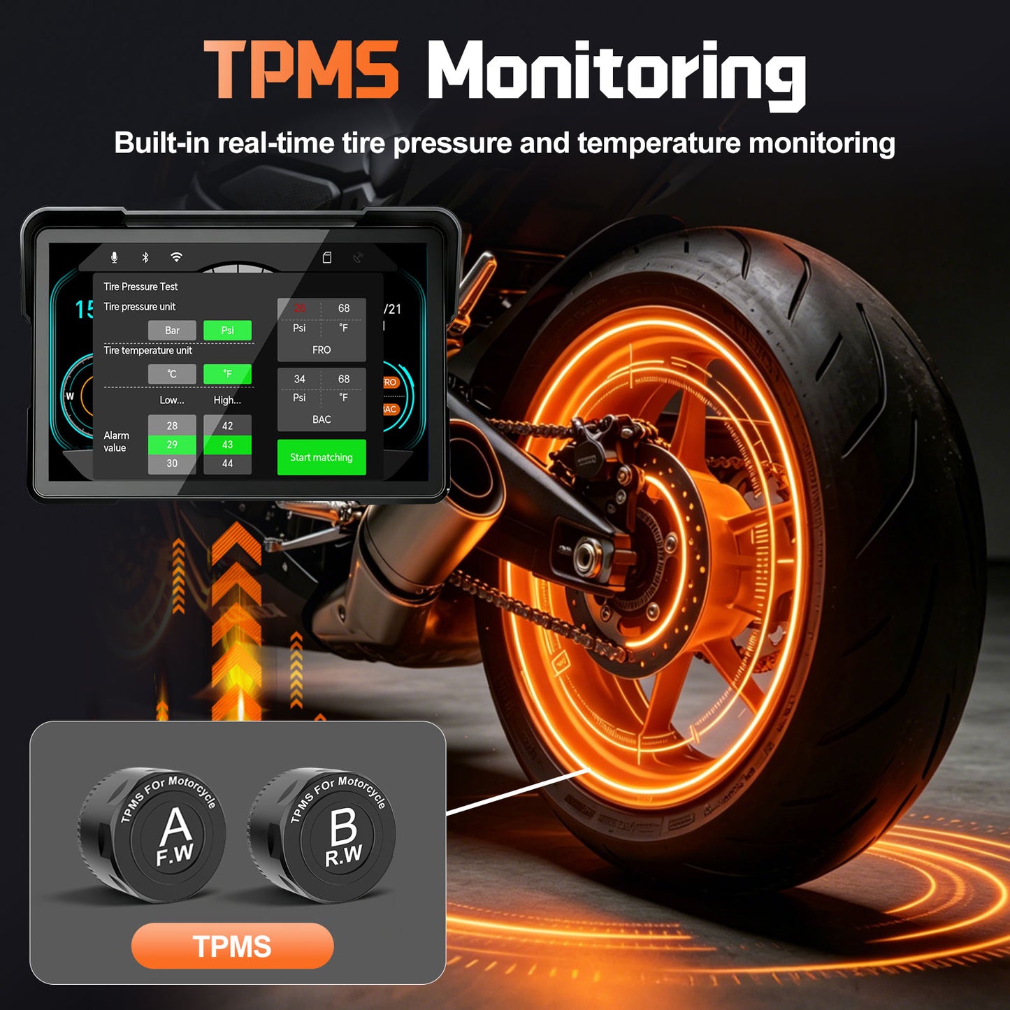 2026 Weuaste 7" Wireless GPS Motorcycle CarPlay(Includes 128G SD) with Android Auto Navigation, Dual 2K Dash Cam, HD Waterproof Screen, TPMS, Remote Control, BT, Quick Release Anti-Theft Design Mount