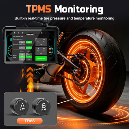 2026 Weuaste 7" Wireless GPS Motorcycle CarPlay(Includes 128G SD) with Android Auto Navigation, Dual 2K Dash Cam, HD Waterproof Screen, TPMS, Remote Control, BT, Quick Release Anti-Theft Design Mount