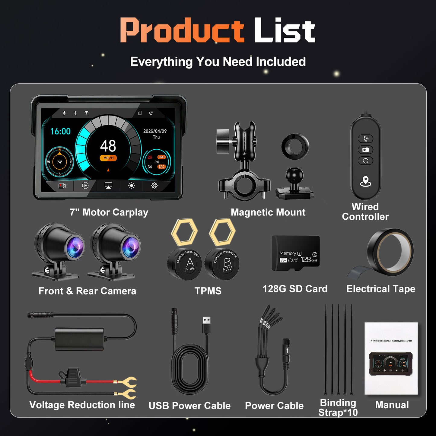 2026 Weuaste 7" Wireless GPS Motorcycle CarPlay(Includes 128G SD) with Android Auto Navigation, Dual 2K Dash Cam, HD Waterproof Screen, TPMS, Remote Control, BT, Quick Release Anti-Theft Design Mount