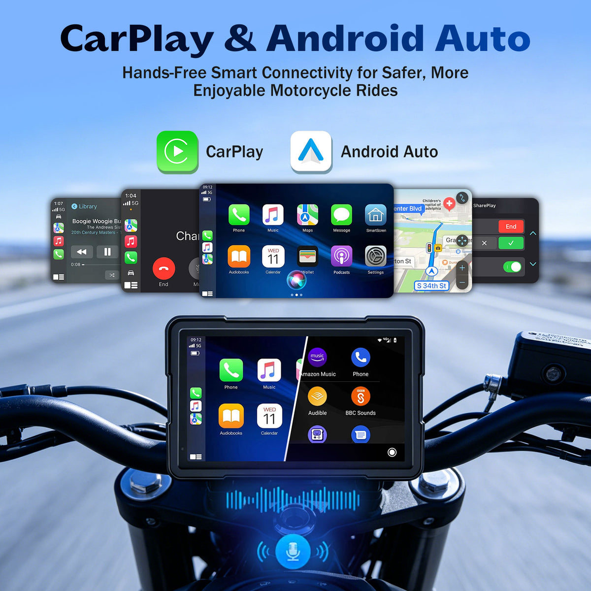 2026 Weuaste 7" Wireless Motorcycle CarPlay (Includes 128G SD) with TPMS, Android Auto, GPS Navigation, Dual 2K Dash Cam, IP69K Waterproof Touchscreen, BT, Quick Release, Anti-Glare Screen, Vioce Control