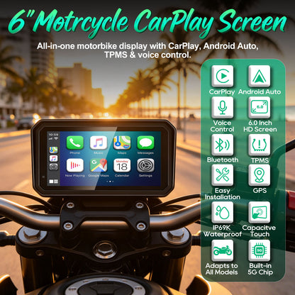 2026 Weuaste GPS Carplay 6 inch for Motorcycle with TPMS, Wireless CarPlay & Android Auto, GPS Nevigation, Supports Bluetooth, Siri, Google Assistant, Vioce Control, USB, IP69K HD Waterproof Touchscreen