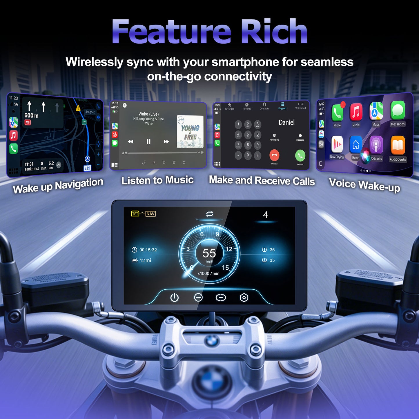 WEUASTE 6.5 Inch Motorcycle CarPlay GPS for BMW, Ultra-Bright CarPlay Screen, 1000 Nits Bright Waterproof HD Touch Screen, Plug&Play Lossless Installation, iOS/Android Native Protocol Support